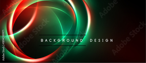 Abstract design features vibrant circular lines. Green, red hues dominate dark background. Modern aesthetic, dynamic composition.