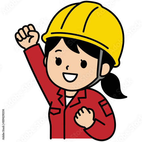 黄色いヘルメットを被った女性作業員が、力強く拳を突き上げてガッツポーズをする姿です。青や黒の作業着がパリッとしており、成功への意欲と、ぐんぐんと成長する未来への希望が感じられるイラストです。
