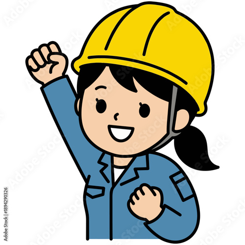 黄色いヘルメットを被った女性作業員が、力強く拳を突き上げてガッツポーズをする姿です。青や黒の作業着がパリッとしており、成功への意欲と、ぐんぐんと成長する未来への希望が感じられるイラストです。