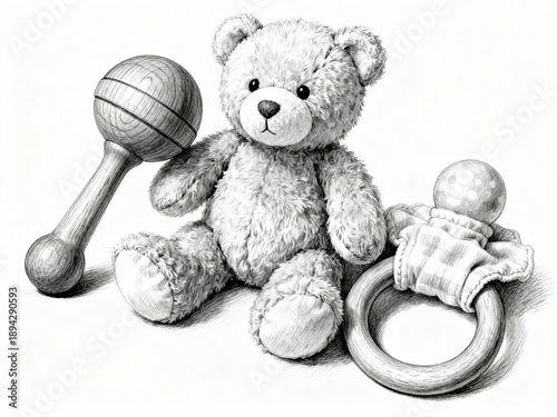 Adorable Hand-Drawn Illustration of a Teddy Bear with Classic Wooden Baby Rattle and Teether Toy - Vintage Style Nursery Art and Infant Playroom Decor