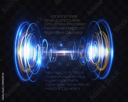 Light futuristic sci-fi portals with glowing energy rings and data beams on transparent background.
