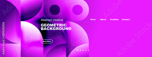 Vibrant purple design features geometric shapes, text overlays, navigation menu. Modern aesthetic suitable website background or banner.