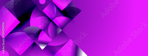 Abstract purple shapes dominate left side. Gradient fills create depth. Right portion features solid vibrant magenta. Minimalist design.