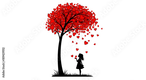 A silhouette of a girl blowing hearts from a tree symbolizing love