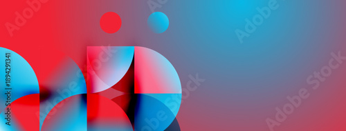 Abstract composition. Overlapping circles, vibrant reds, blues create dynamic visual effect. Gradient background adds depth.