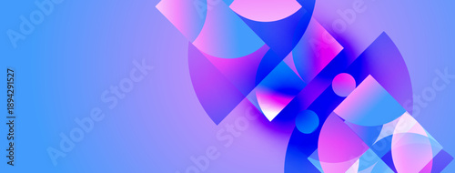 Abstract shapes blend vibrant blues, pinks, purples. Fluid forms create dynamic composition, suggesting movement, energy. Modern design.