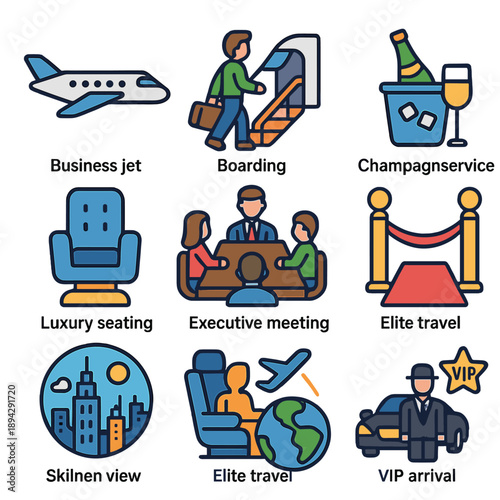 Luxury travel icons: business jet, boarding, champagne service, executive meeting