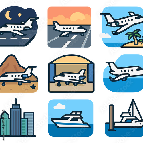Icon set of transportation modes: airplanes, boats, and cityscapes
