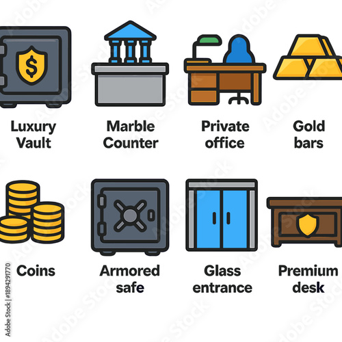 Secure bank office with vault, gold bars, and modern design elements