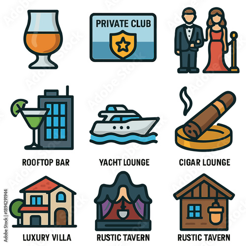 Elegant event icons: rooftop, yacht, cigar lounge, luxury villas, rustic tavern