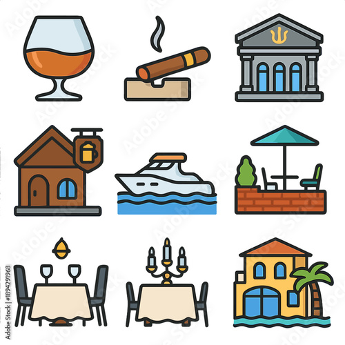 Luxurious leisure icons: yacht, cigar, villa, and elegant dining elements