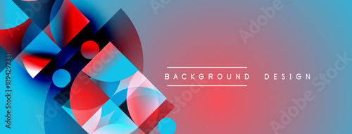 Abstract geometric shapes blend vibrant blues, reds, purples. Gradient background creates dynamic visual effect. Text reads background design.