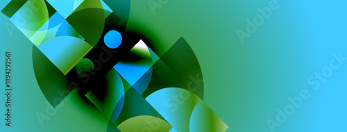 Abstract composition. Geometric shapes overlap, creating dynamic visual effect. Blue, green hues dominate design. Smooth gradients present.