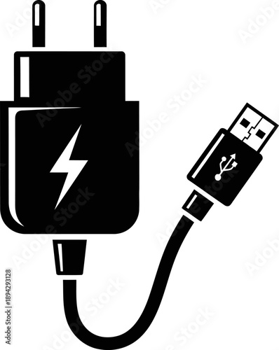 Black and white image of a usb charger and cable connected to a power source