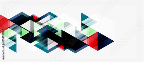 Abstract geometric shapes overlap, creating dynamic visual texture. Colors include red, green, blue, gray tones. Minimalist design.