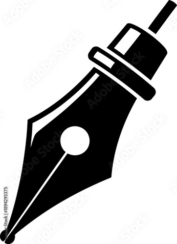 A black and white illustration of a fountain pen nib showcasing its sleek design and precise tip