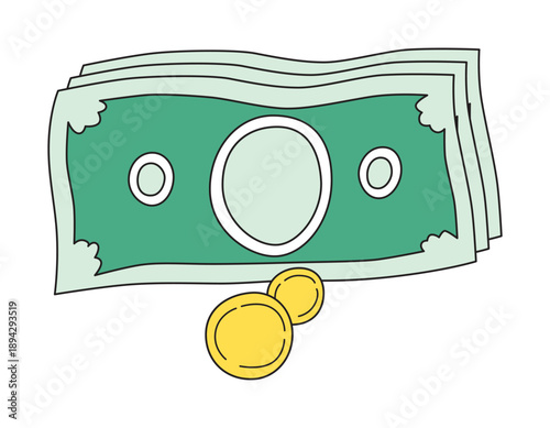 Banknotes and coins cash money cartoon illustration isolated vector