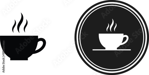 Minimal coffee cup icon, hot beverage symbol, black and white cafe logo, modern flat design, espresso tea sign illustration