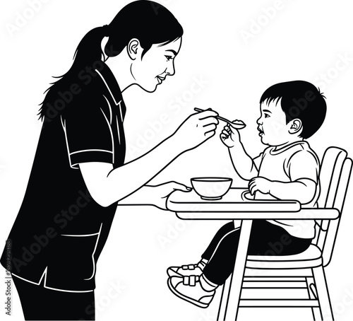 Mother feeding baby illustration, caring parent child moment, family mealtime concept, nurturing motherhood silhouette art, childcare love isolated background