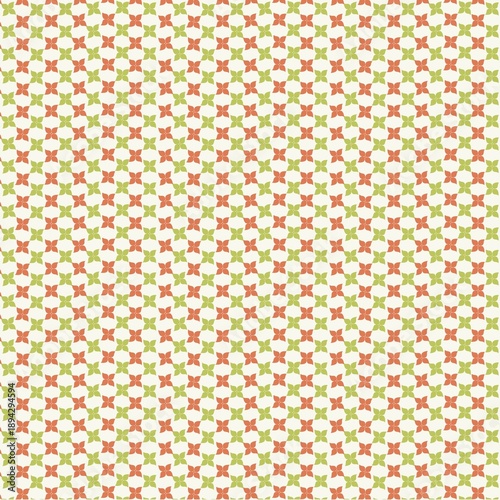 Geometric floral seamless pattern with orange and green motifs on white background. Clean retro design ideal for wallpaper, fabric, tiles and surface design.