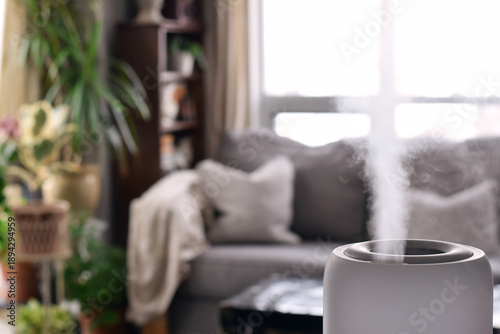 Foto Working humidifier releasing visible mist in the foreground with a defocused living room interior behind