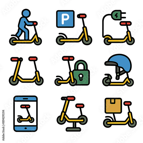 E-scooter icons set for urban mobility and transportation solutions