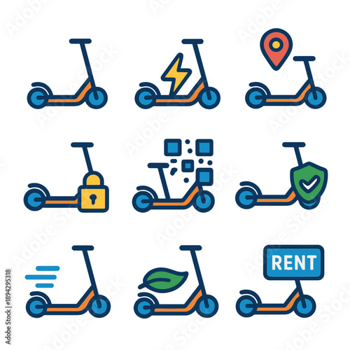 Electric scooter icons set with location, security, eco-friendly, and rent features