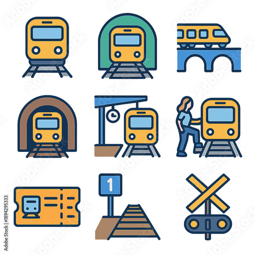 Collection of modern train icons featuring tunnels, tickets, and platforms