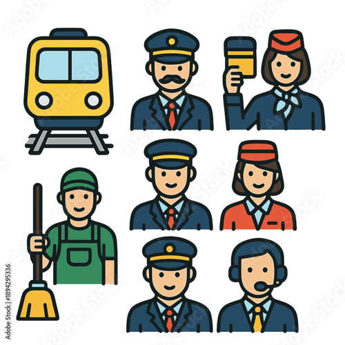 Diverse public transport professions icons: train drivers, conductors, support staff