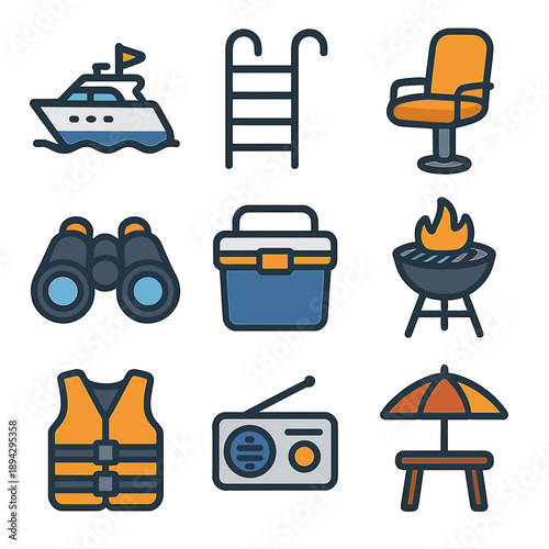 Summer essentials icons: yacht, bbq, picnic table, radio, and safety gear