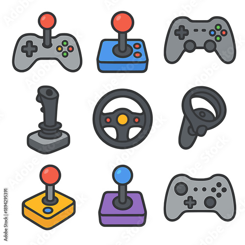 Colorful assorted game controllers and joysticks icon set