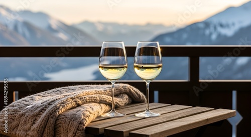 Two Glasses of White Wine with Scenery on Wood Table at Balcony