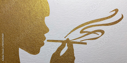 Golden silhouette of a person exhaling smoke, artistic foil print on textured paper Concept of relaxation, contemplation, or indulgence