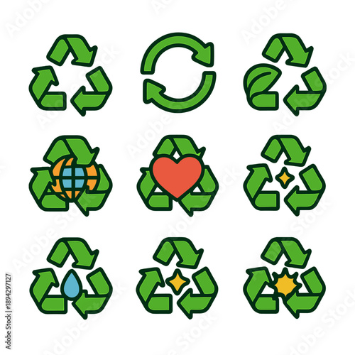 Recycle symbol set with nature icons for environmental awareness