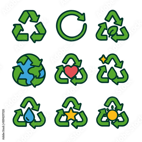 Eco symbols collection featuring variants of recycling icons with green background