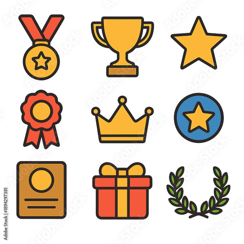 Colorful icons set featuring trophy medal star and more for achievements