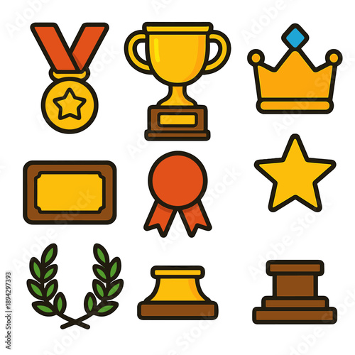 Colorful icons of awards and achievements including trophies and medals