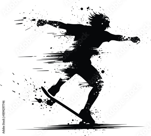 Skateboarder silhouette illustration, dynamic skater performing trick with abstract paint splashes, street skateboarding motion, urban extreme sport artwork
