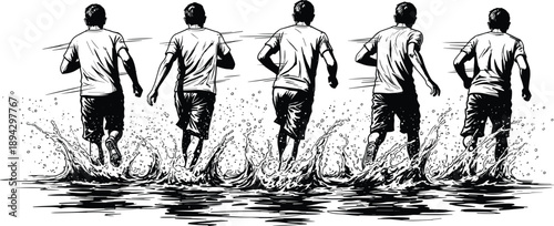 Running man sequence illustration, multiple motion stages of male runner splashing water, dynamic speed movement concept, fitness training artwork