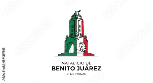 Картината върху платно Benito Juarez monument with Mexican flag colors and profile portrait green white