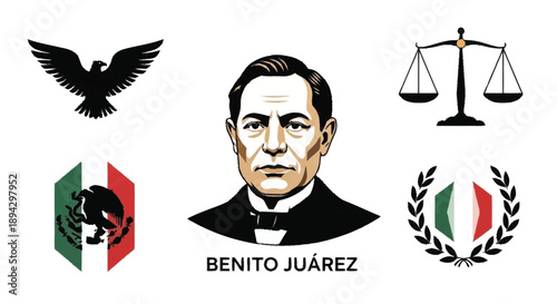 Benito Juarez portrait with Mexican symbols Mexican president eagle scales of justice