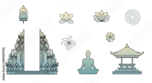 Buddhist temple gate pagoda lotus flowers spiral meditation