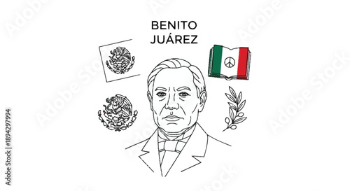 Black and white of Benito Juarez with Mexican symbols Mexican president line portrait