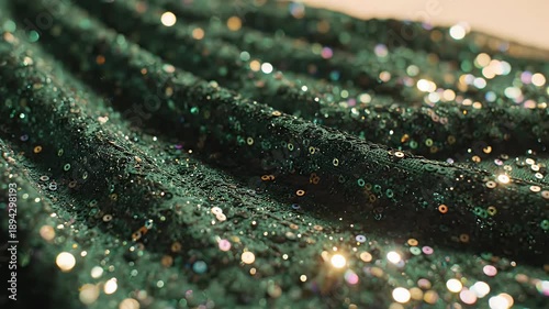 Close-up of sparkling green fabric with sequins and glitter, beautiful texture.