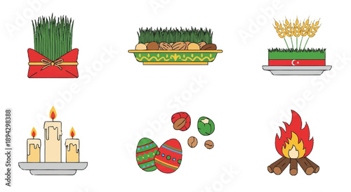 Nowruz celebration with grass eggs candles and fire