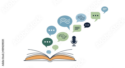 Open book with speech bubbles and microphone communication