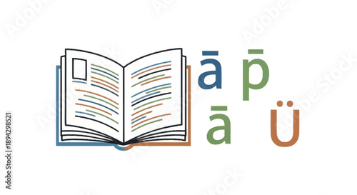 Open book with colorful lines and letters typography