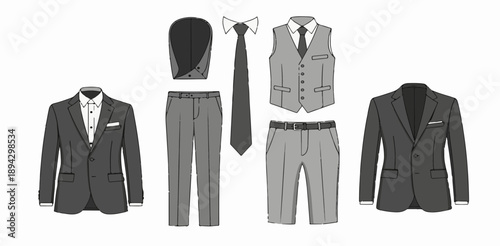 Men's Formal Suit Collection with Tailored Jackets, Vests, and Accessories