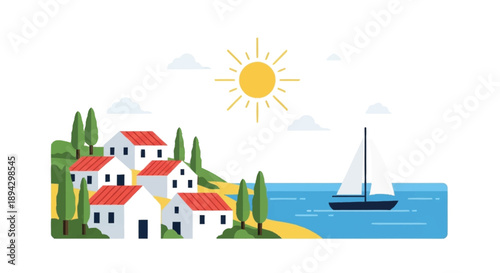 White houses with red roofs on a green hill by a blue sea with a sailboat