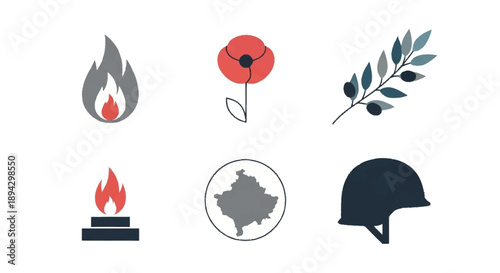 War memorial symbols with flame poppy olive branch helmet and map